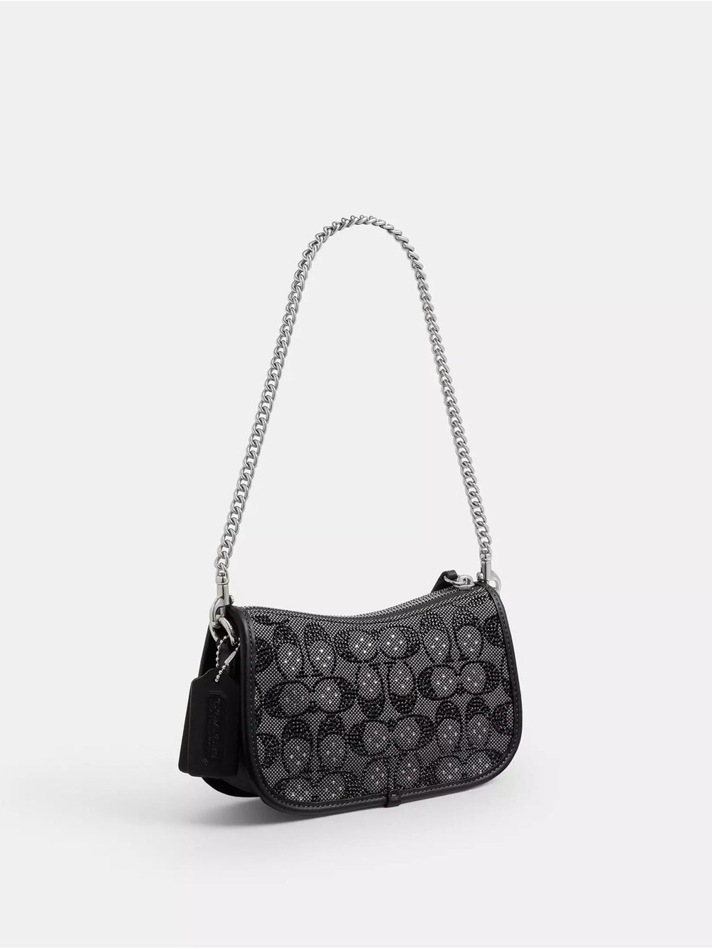 Coach Black Crystal Swinger Logo Shoulder Bag with Silver Chain